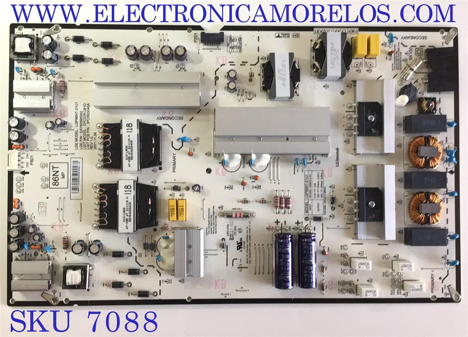 FUENTE DE PODER PARA TV LG / NUMERO DE PARTE EAY65895562 / LGP86NT-21U1 / 65895562 / EPCD31CB1D / 3PCR03040A / MODELOS 86UQ7070ZUD / 86UQ7590PUD / 86UQ8000AUB / 86UQ9050PSC / 86UQ9050PSC.BWMFLKR / 86NANO75UPA / 86NAN075UPA / 86NANO75UQA / 86NAN075UQA